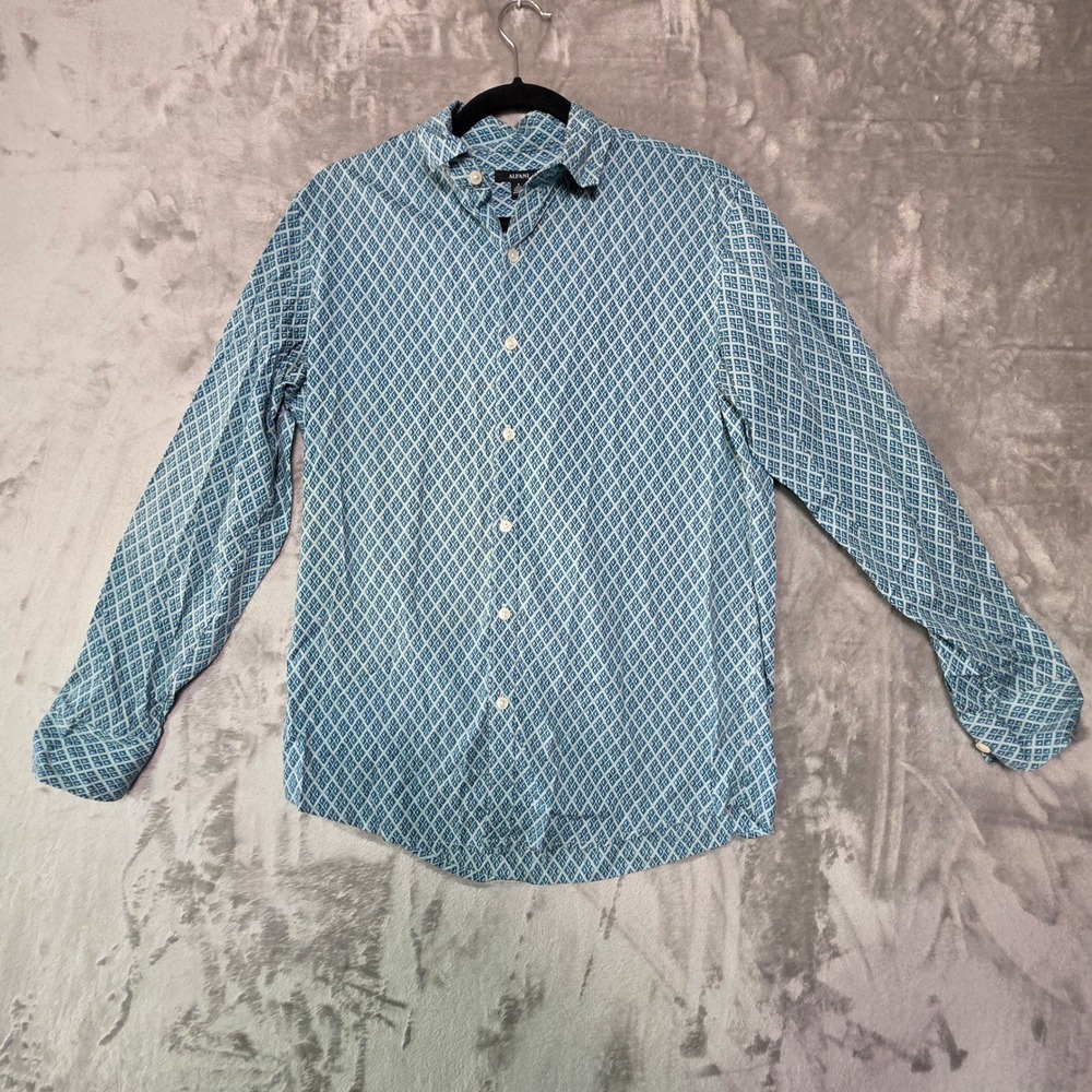 Alfani Mens Small Blue White Geometric Diamond Print Cotton Button Down Shirt